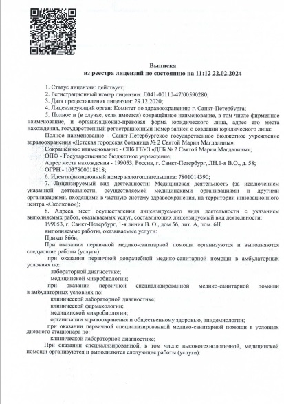 Лицензия Детская городская больница 2 Святой Марии Магдалины
