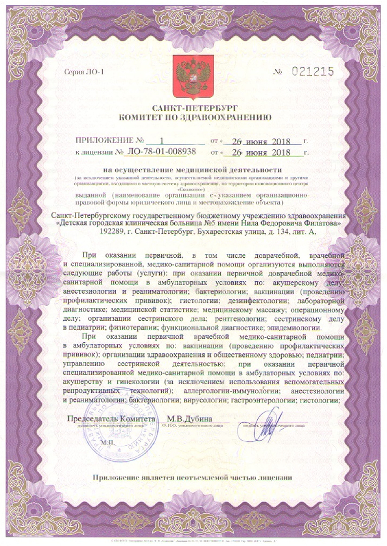 Лицензия Детская городская больница 5 им Филатова