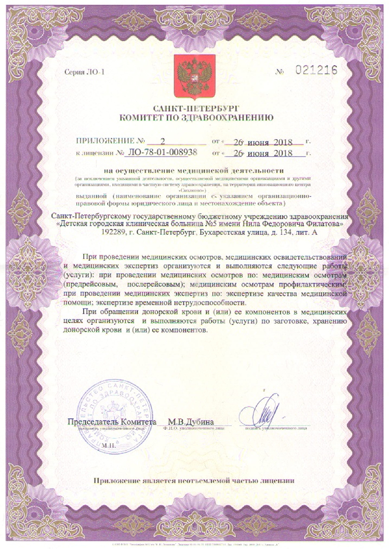 Лицензия Детская городская больница 5 им Филатова