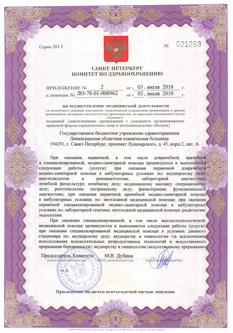 Лицензия Ленинградская областная клиническая больница на Луначарского