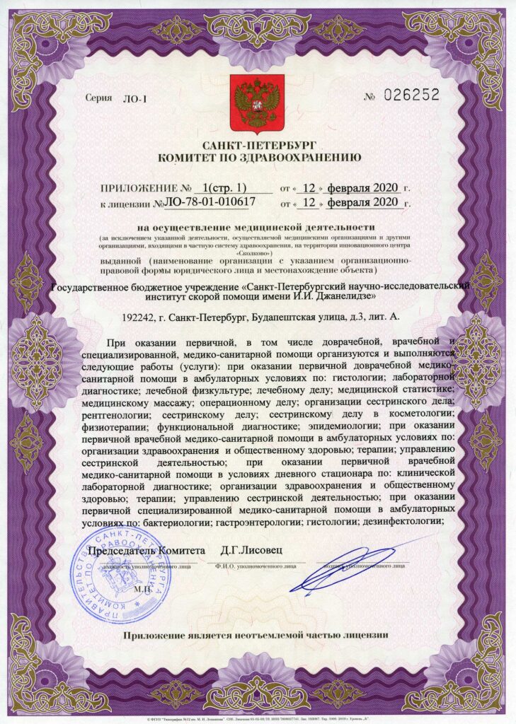 Лицензия НИИ скорой помощи Джанелидзе